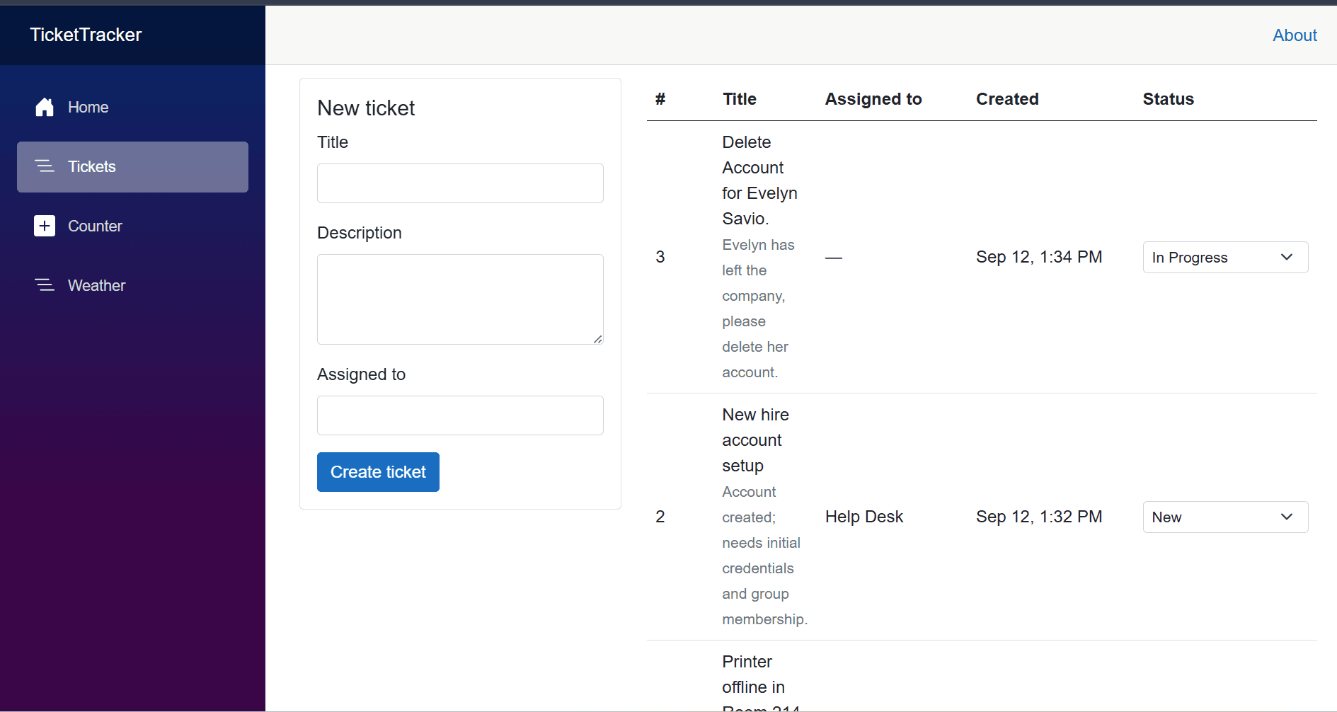 TicketTracker's Tickets page, with a new-ticket form and a table of tickets
